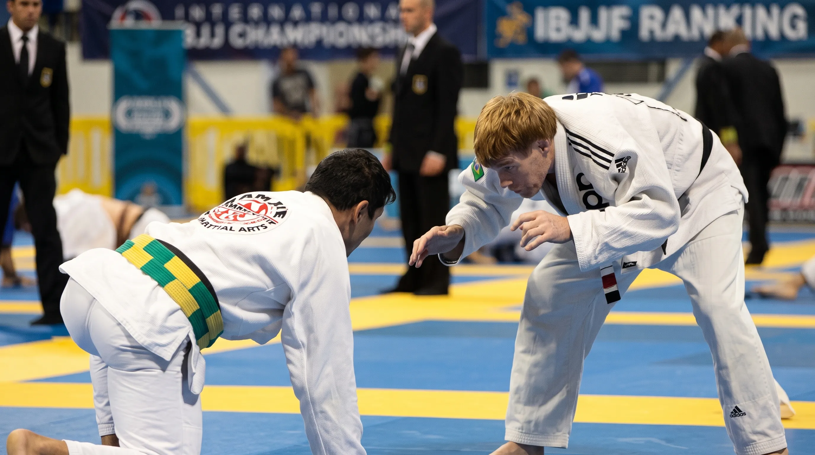 A Boran Brazilian Jiu-Jitsu competitor squaring up with his opponent at an IBJJF championship